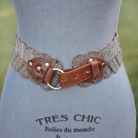 Wide Beaded Leather Belt Scalloped Boho Anthropologie Style Small